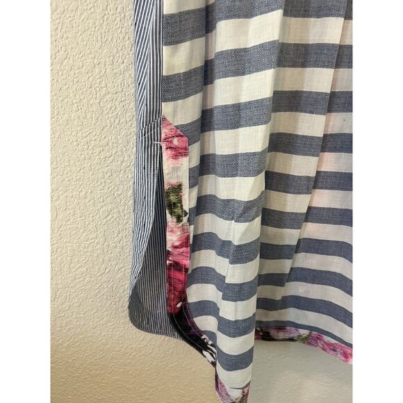 Vincente Tunic Top White Blue Sleeveless Floral Collar Hi Lo Hem Size Medium - Picture 16 of 16